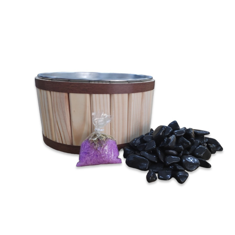 Kit Escalda-Pés com Tina de Madeira + Sal Relaxante + Pedras de Massagem
