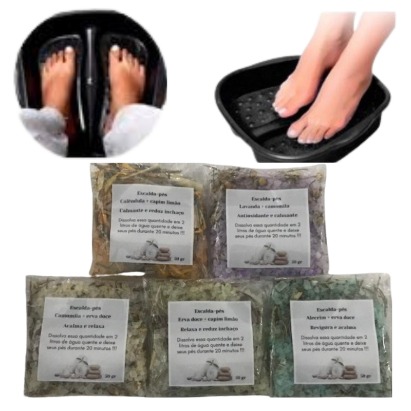 Kit.- Escalda-pés, Relaxante. Acompanha:- Bacia-Pedicure,- Lixa,- Bolinhas-de-Massagens,- Descanso,- Alívio-para-os-Pés.